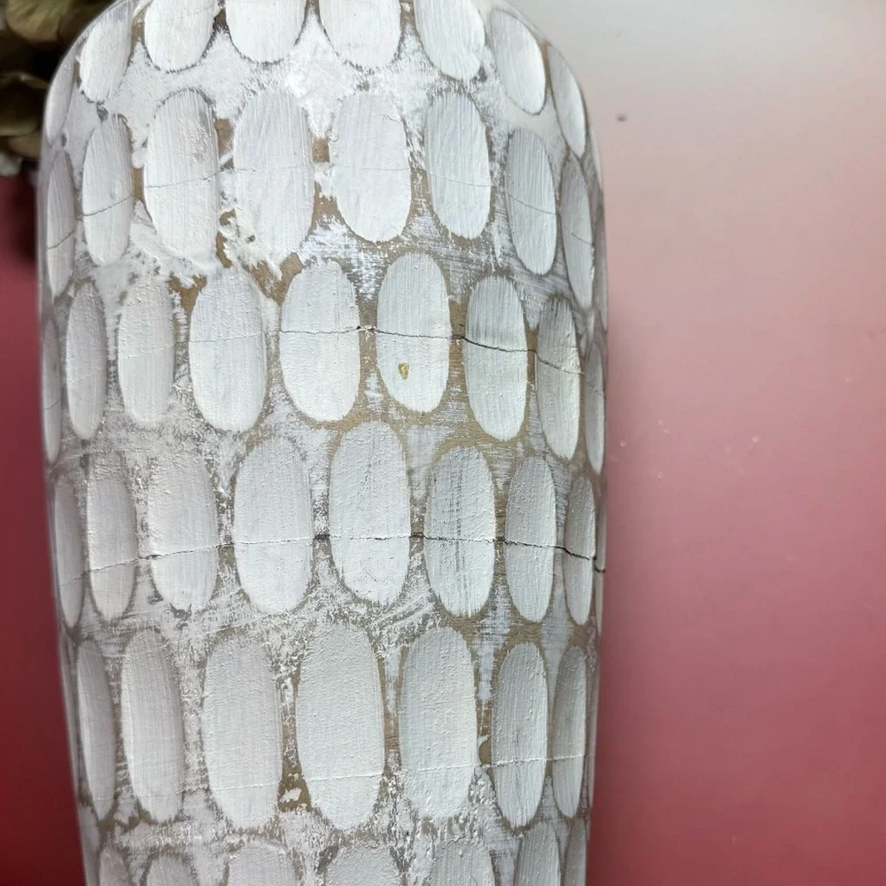 Pier One extra large carved wood white wash divot vase